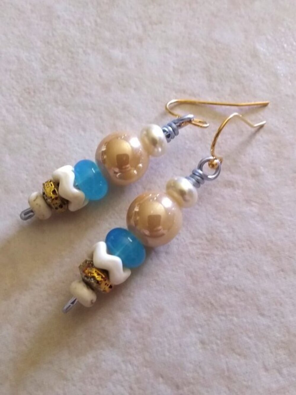 Handmade! Trendy Versatile and Chic - Bead Stack Dangle Earrings - Blue & Cream